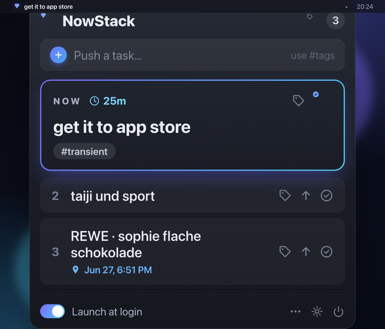 NowStack popover hanging from the macOS menu bar