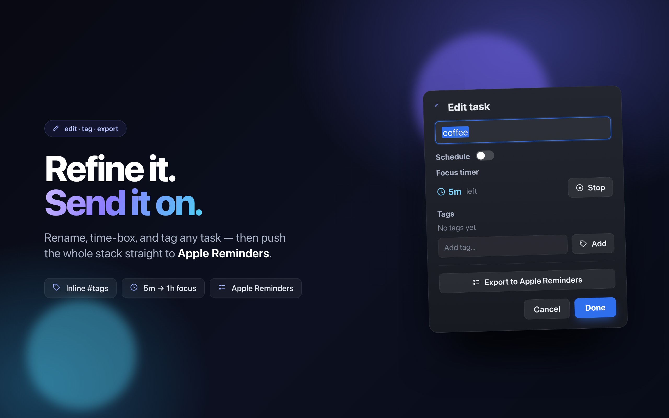 Time-boxing a task with the focus timer and reminder presets in NowStack