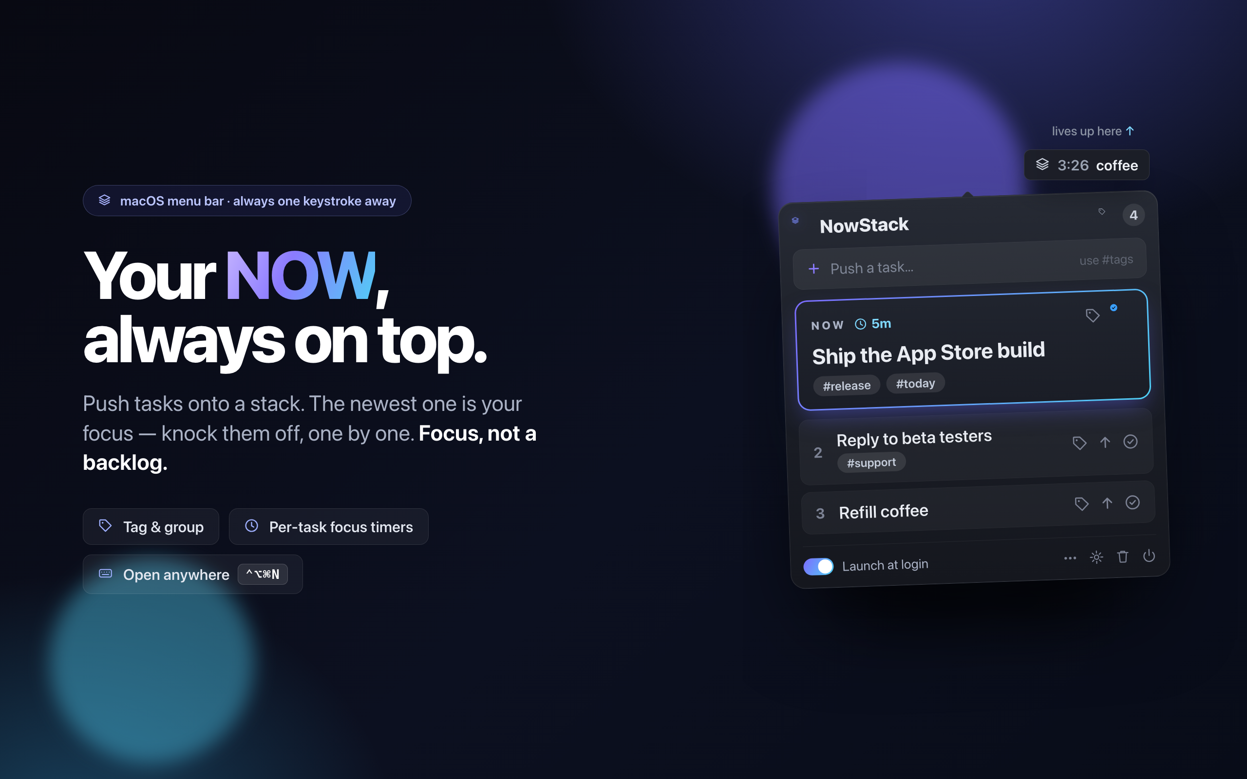 NowStack showing the current NOW task on top of the stack